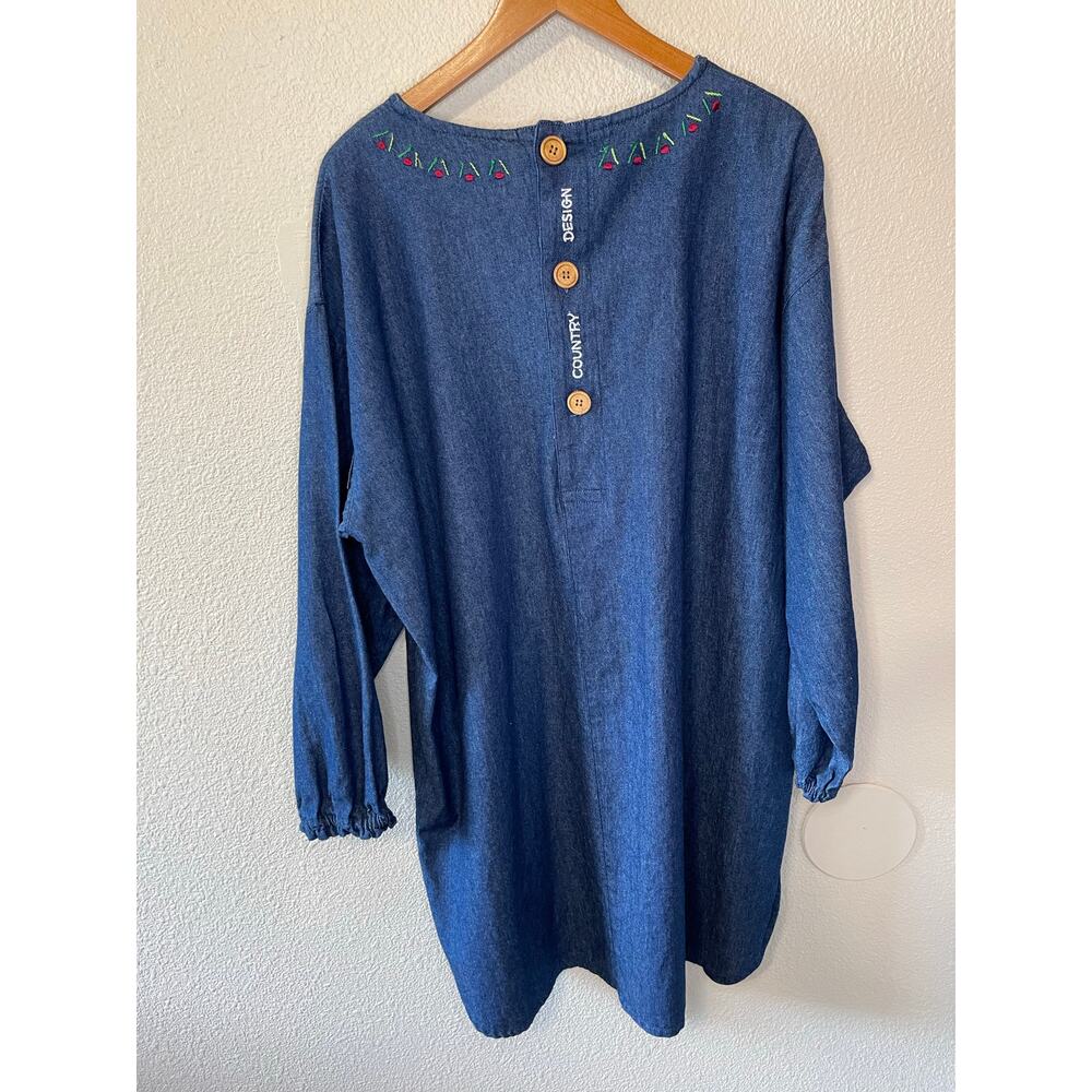 Kuma Heart Denim Long Sleeve Teacher Cottage Core Knee Length Shirt Dress XXL - Picture 4 of 14